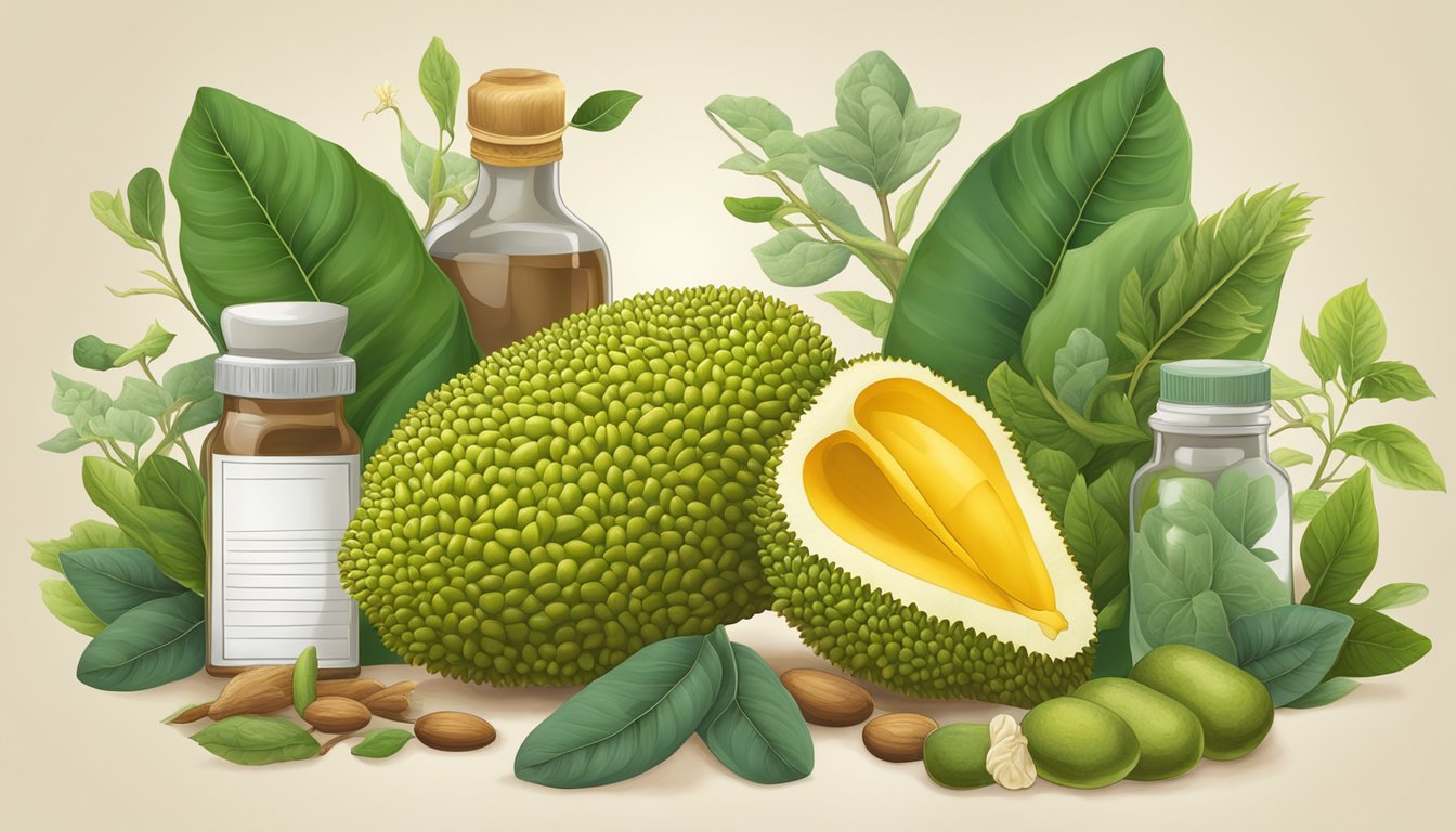 A jackfruit surrounded by traditional medicinal herbs and modern medicine bottles