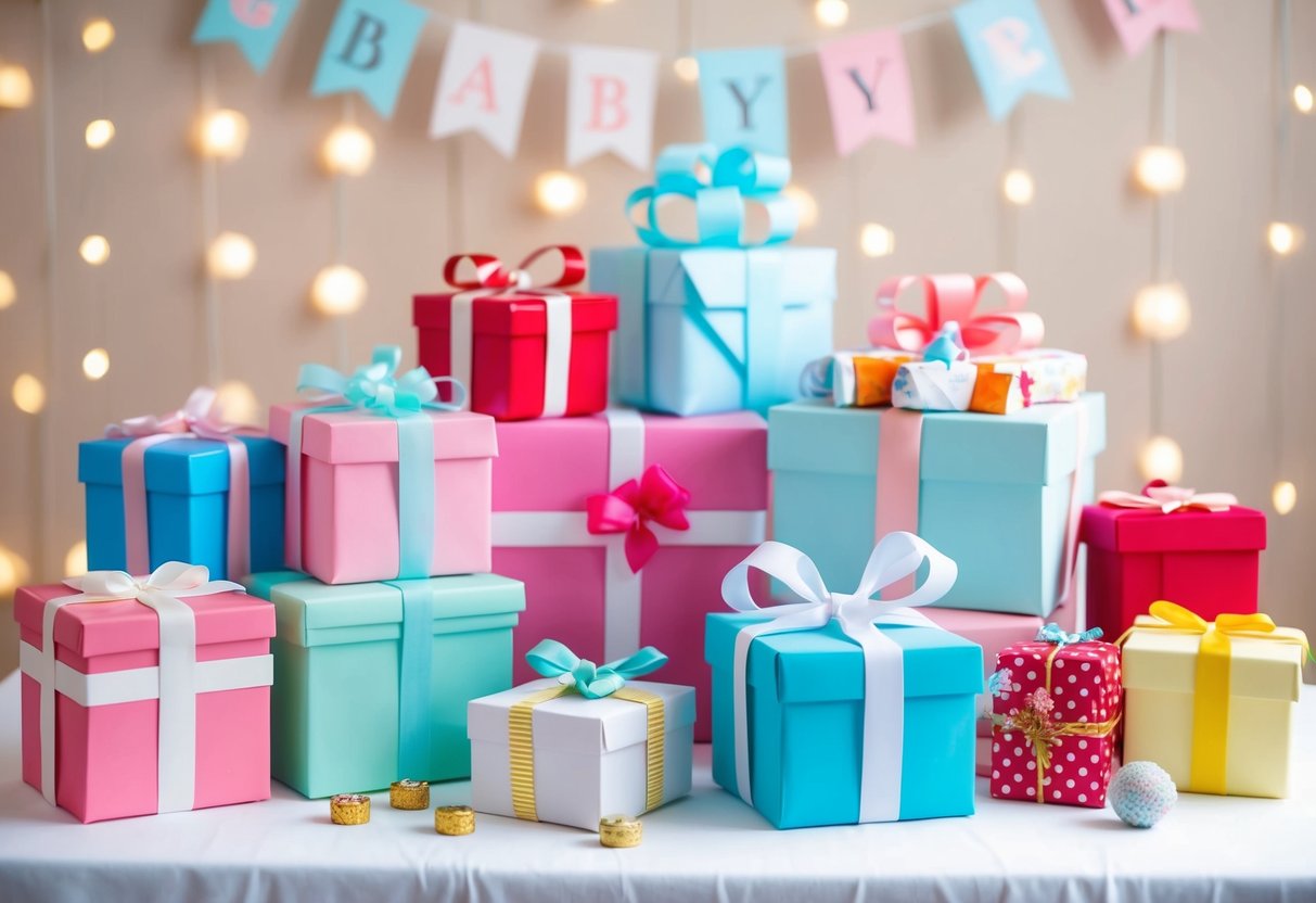 A baby shower with a variety of gifts displayed, including items from the registry and thoughtful handmade presents