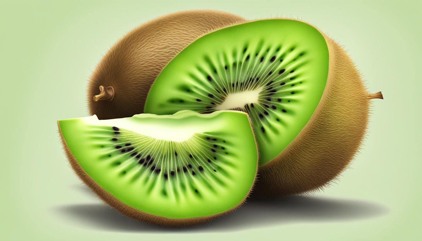 A kiwi fruit with a green, unripe exterior, sliced open to reveal the pale, firm flesh inside