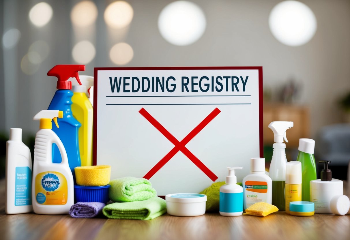 A cluttered wedding registry with items like cleaning supplies, pet products, and personal hygiene items, all crossed out with a red "X"