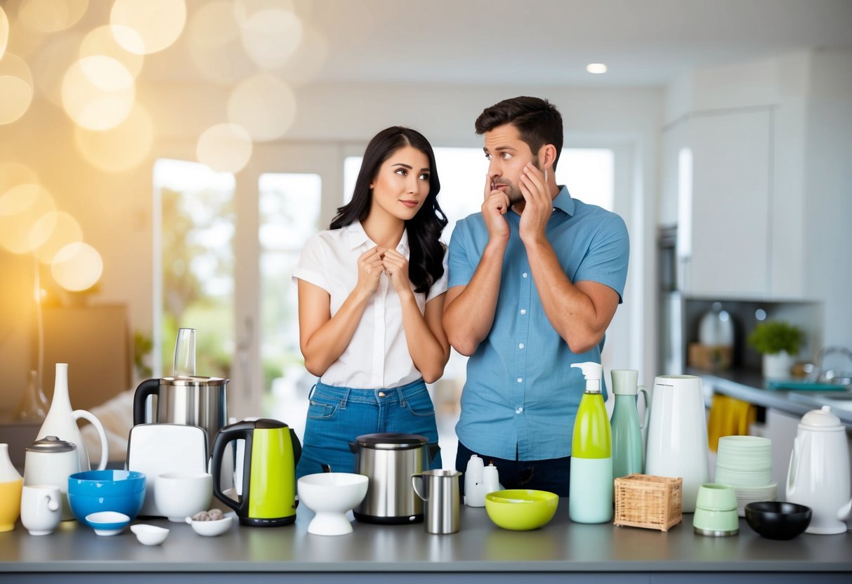 A couple looking puzzled while standing in front of a variety of household items, trying to decide what not to add to their wedding registry