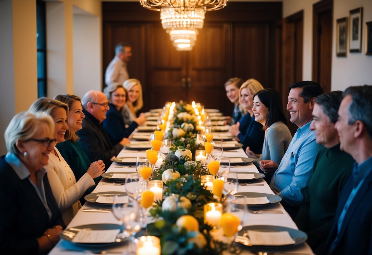 Families gather around a long table, chatting and laughing, while a warm glow emanates from the centerpieces