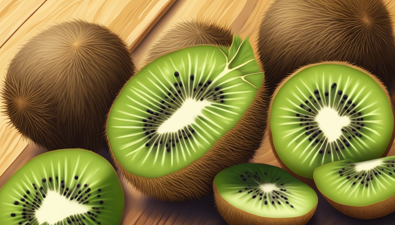 A group of kiwis at various stages of ripeness, from green and unripe to fully ripe and ready to eat, displayed on a wooden cutting board