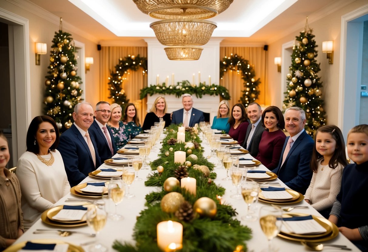 Families seated at a long, elegantly set table, with parents sitting together at the center, surrounded by festive decor and warm lighting