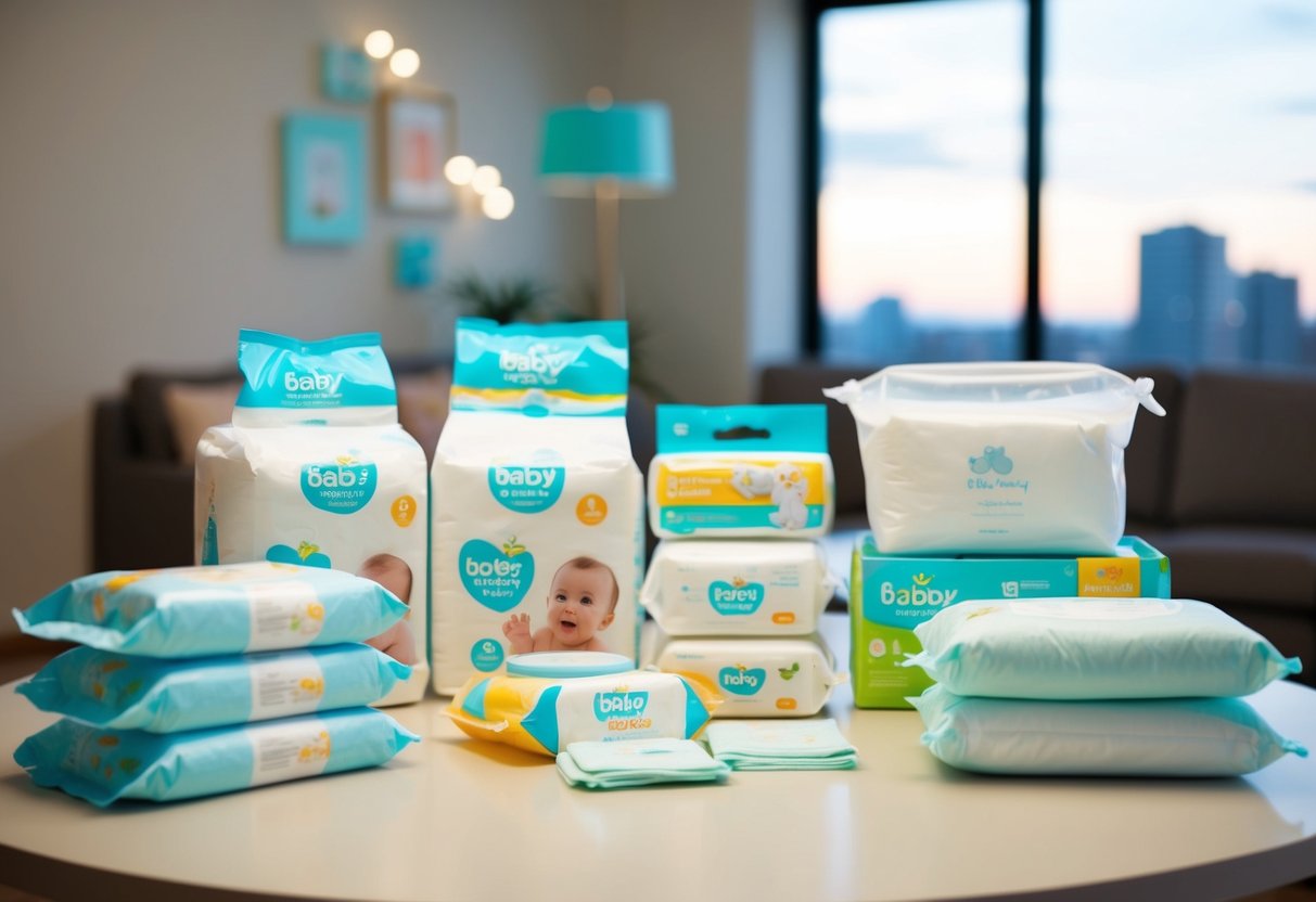 A baby registry with diapers, wipes, and baby products on a table