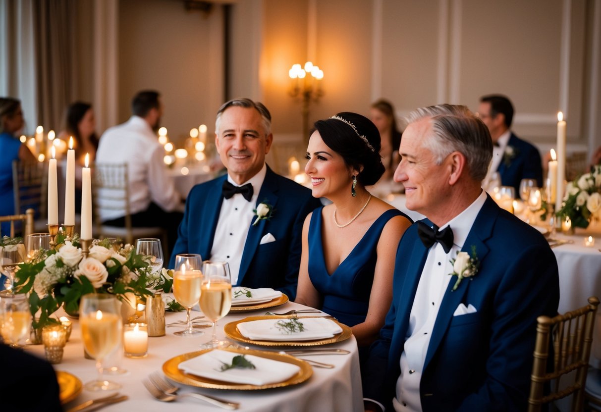 Parents sit together at a beautifully set table during the intimate rehearsal dinner. Candles flicker, and elegant place settings await their use