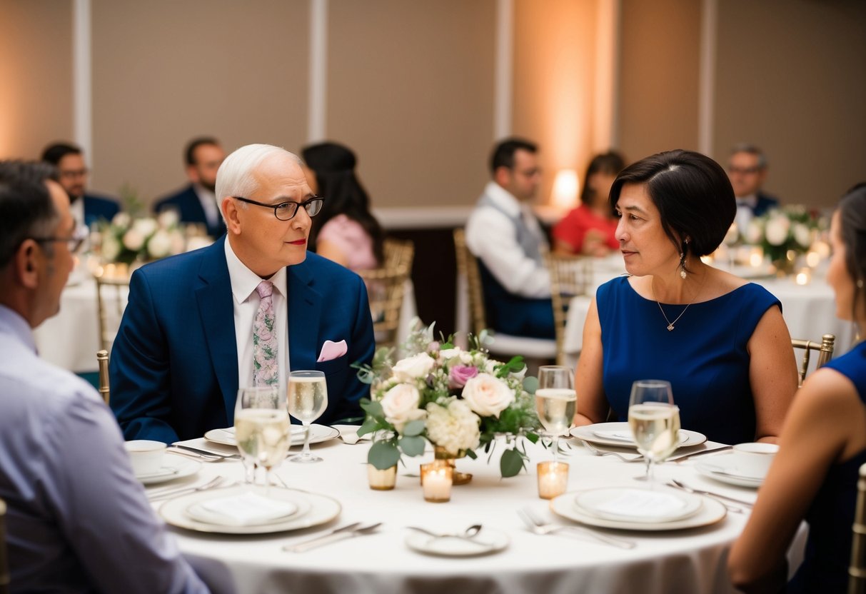 Parents sit at separate tables at a rehearsal dinner, discussing financial considerations