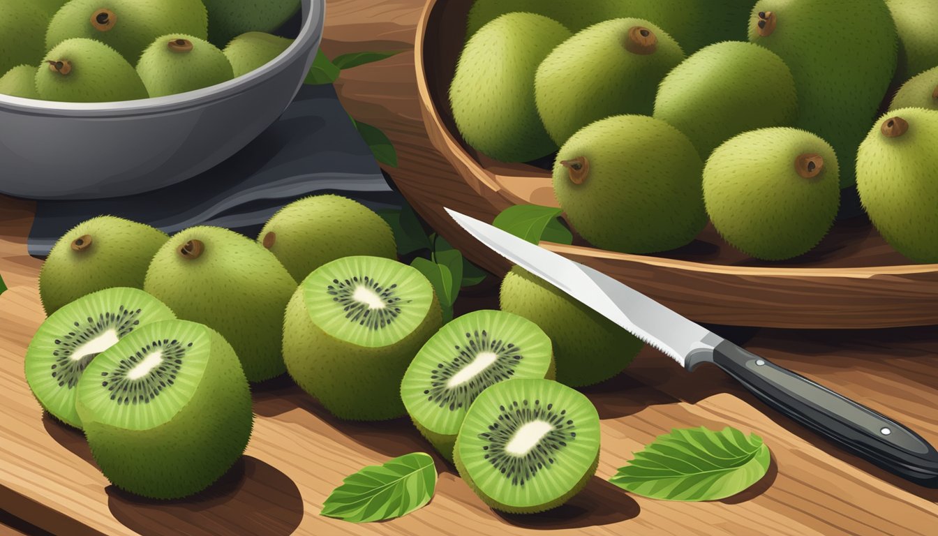 A pile of unripe kiwis on a wooden cutting board, next to a knife and a bowl of ripe kiwis