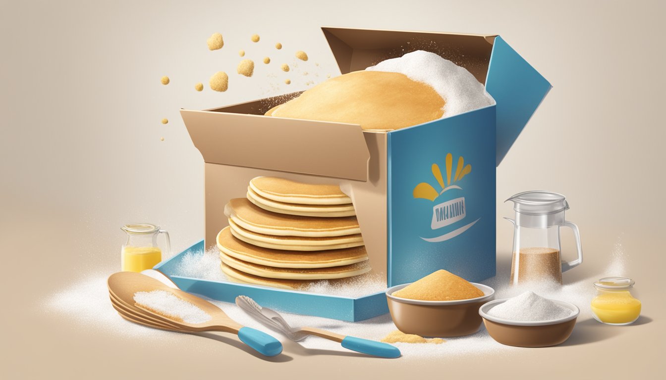 An open, expired pancake mix box with a cloud of powder spilling out, surrounded by a few scattered utensils and a mixing bowl