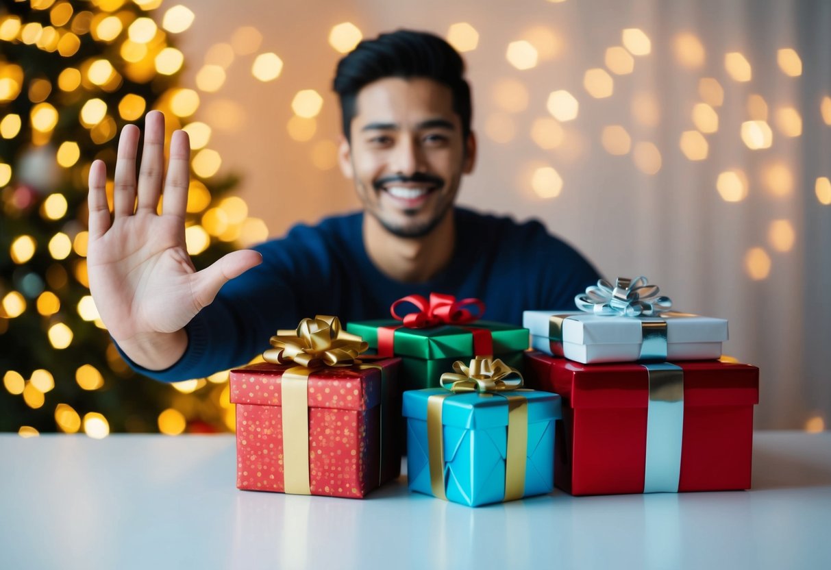 A person holding out their hand with a smile, while a pile of presents sits untouched next to them