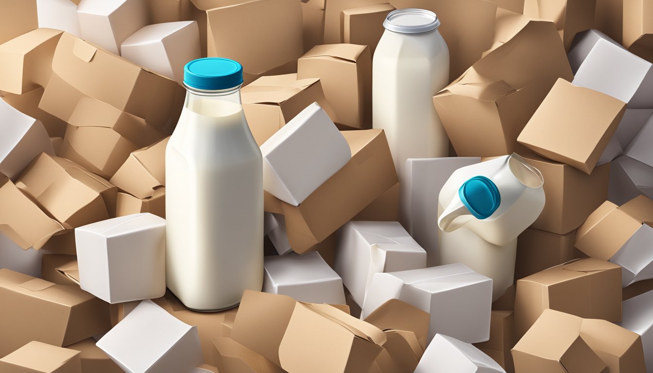 An open carton of expired soy milk with a sour smell, surrounded by a pile of discarded milk cartons