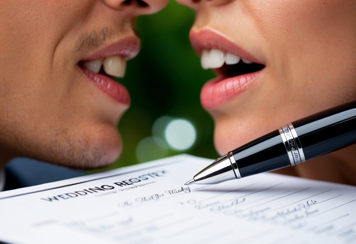 A pen poised over a wedding registry, with two sets of lips about to meet in the background