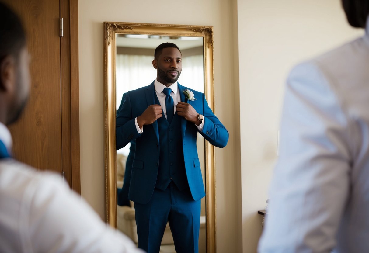 A well-dressed figure stands in front of a full-length mirror, adjusting a tie and straightening a jacket for a wedding rehearsal
