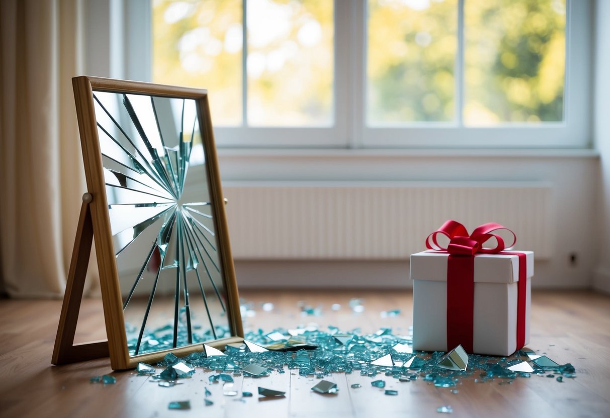 A wedding gift of a broken mirror, with shattered pieces scattered on the floor