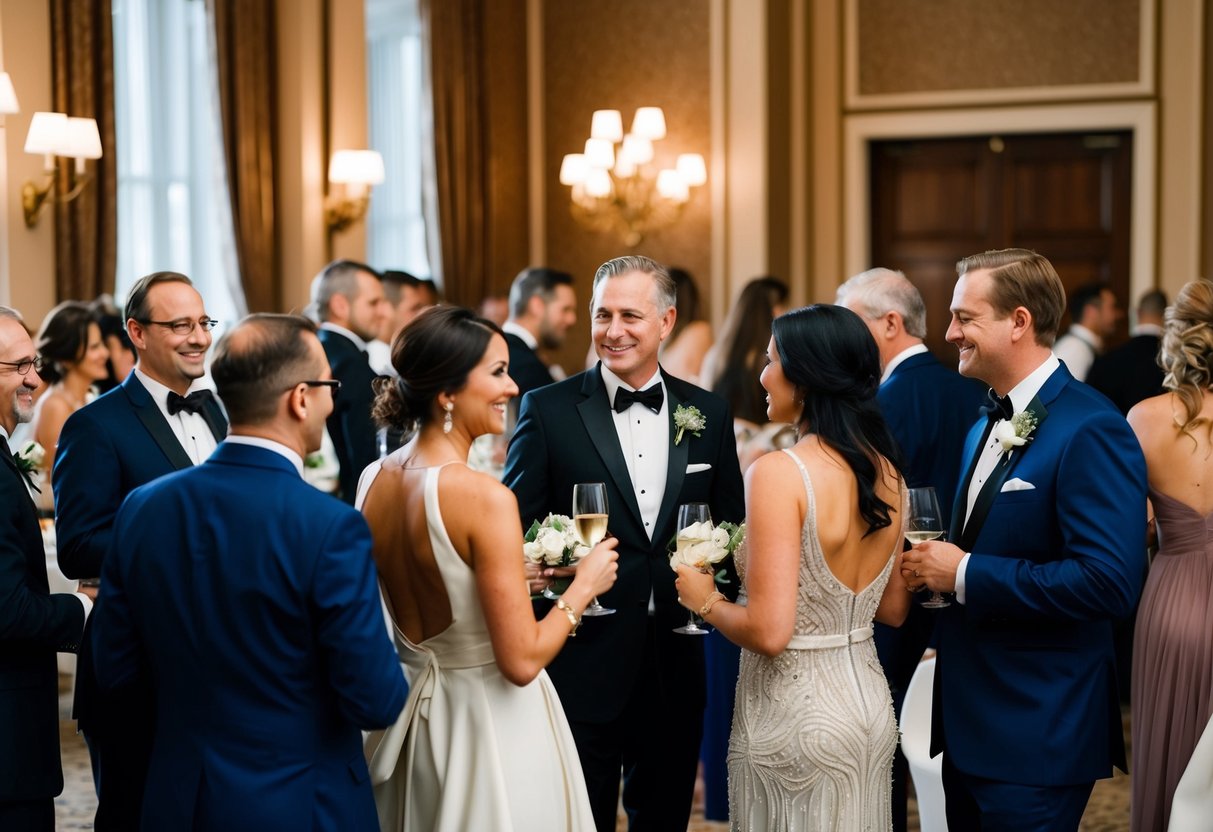 A group of elegantly dressed guests mingling at a formal wedding rehearsal dinner
