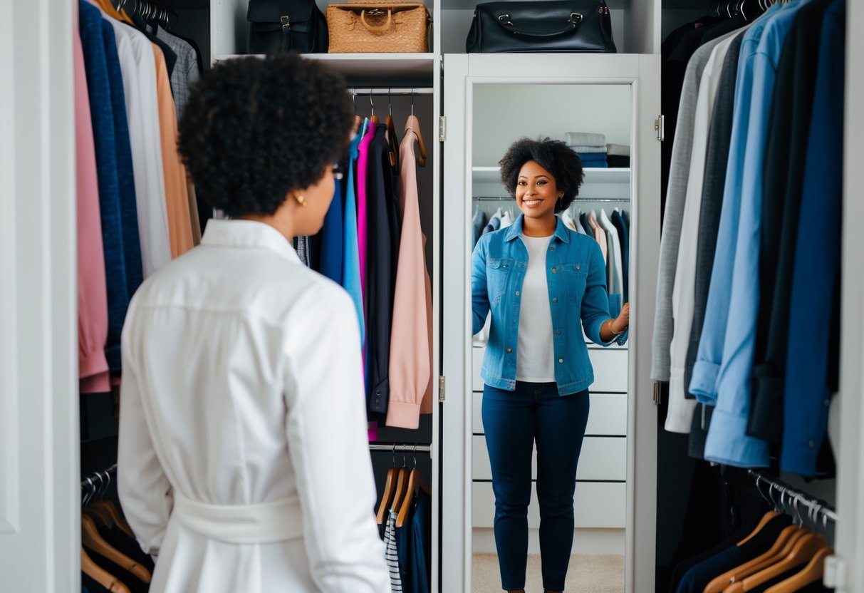 A person standing in front of a closet, surrounded by various clothing options, looking at themselves in a full-length mirror