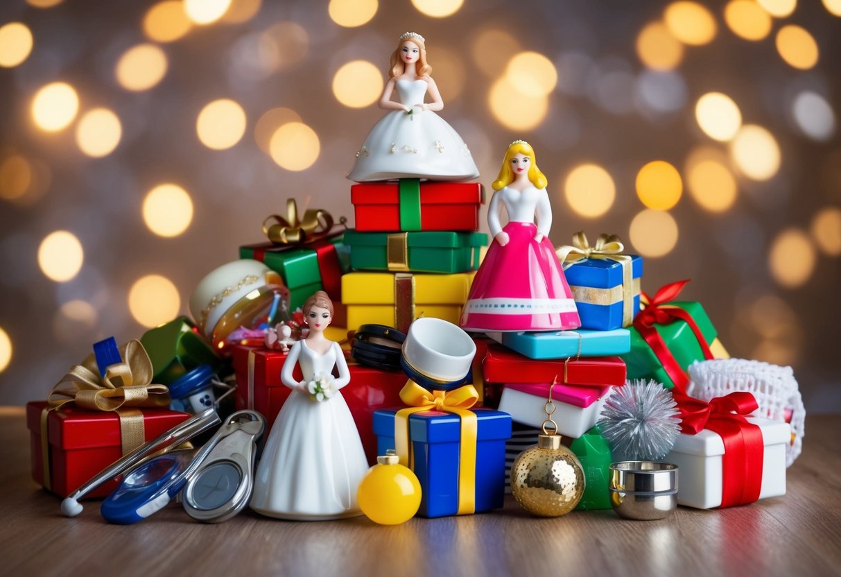 A pile of unwanted wedding gifts: tacky figurines, cheap kitchen gadgets, and mismatched home decor items