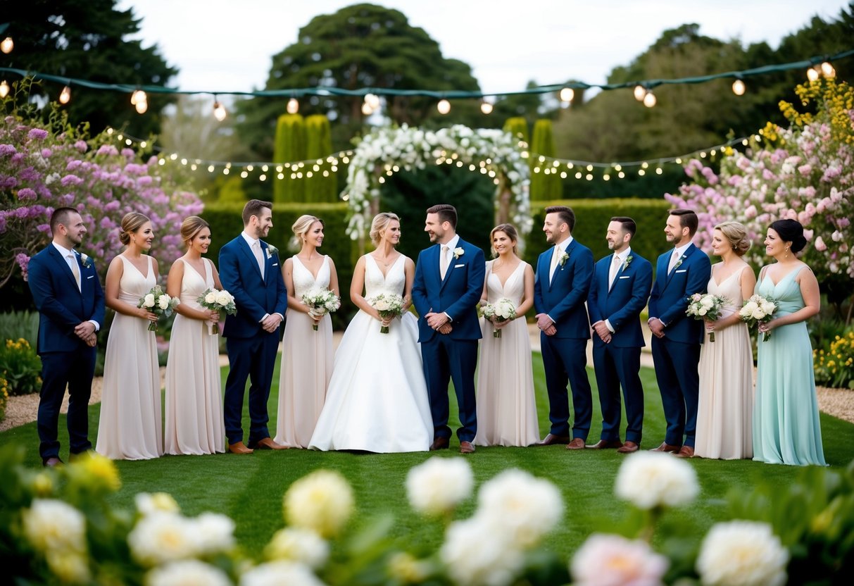A group of elegantly dressed figures stand in a picturesque garden, surrounded by blooming flowers and twinkling lights, as they gather for a wedding rehearsal