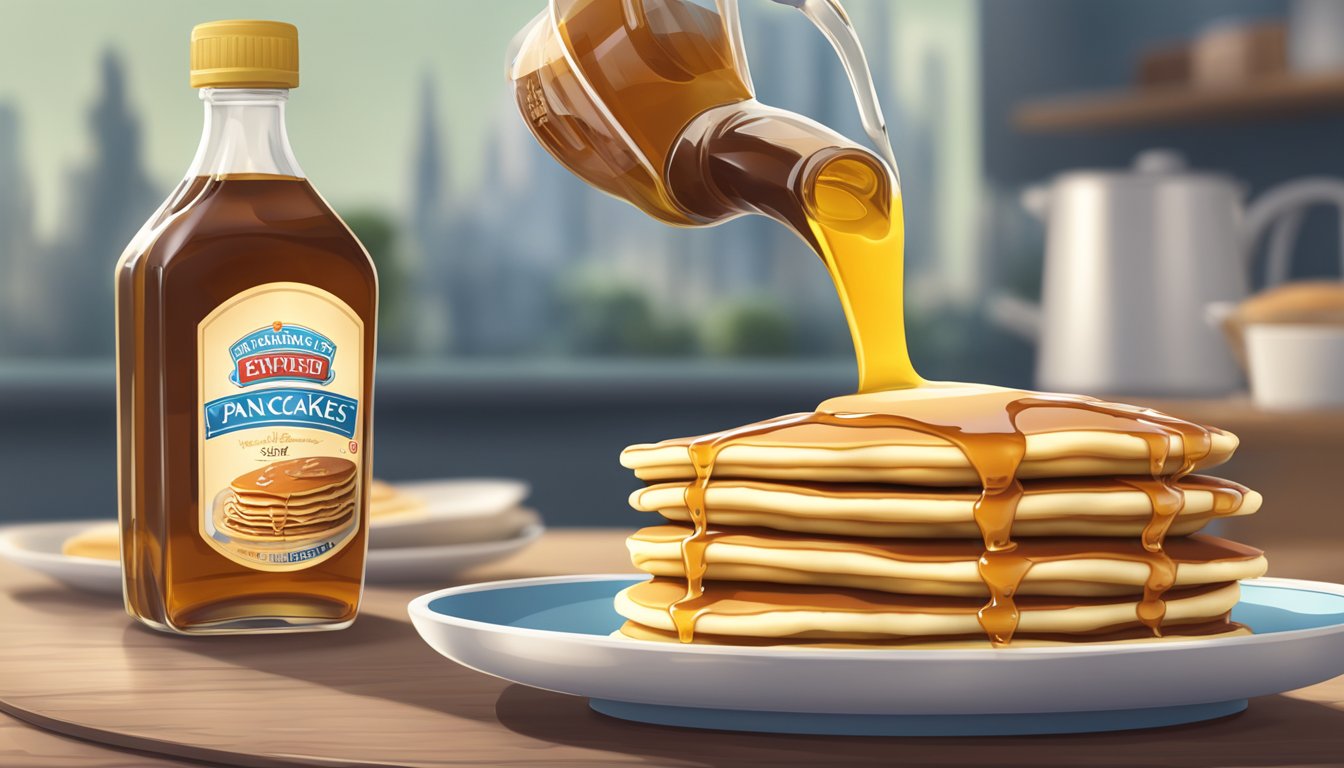 A bottle of expired pancake syrup being poured onto a stack of pancakes, with a cautionary label in the background