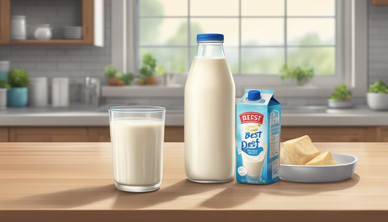 A carton of expired soy milk with a "best by" date clearly visible, sitting on a kitchen counter next to a glass