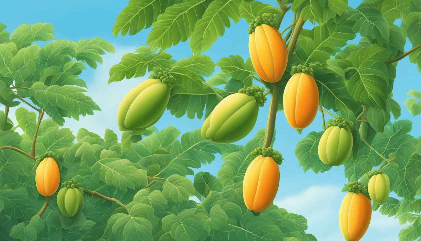 A papaya tree with ripe and unripe fruits, surrounded by lush green leaves and a clear blue sky in the background