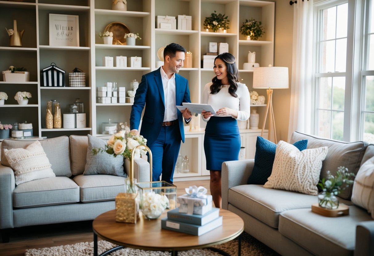 A couple browsing through various wedding registry items in a cozy, well-lit living room with shelves and tables showcasing a variety of gifts and home goods