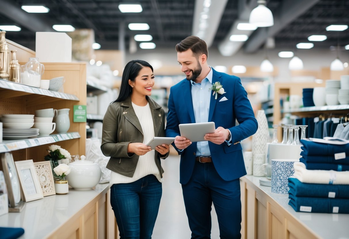 A couple browsing through various wedding registry items at a home goods store, comparing prices and quality