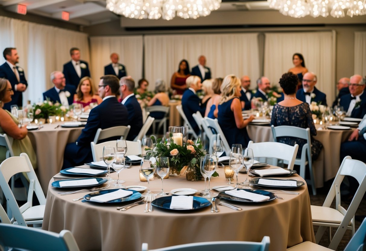 A table set for a rehearsal dinner, with place settings for various participants, including the bride and groom, family members, and wedding party