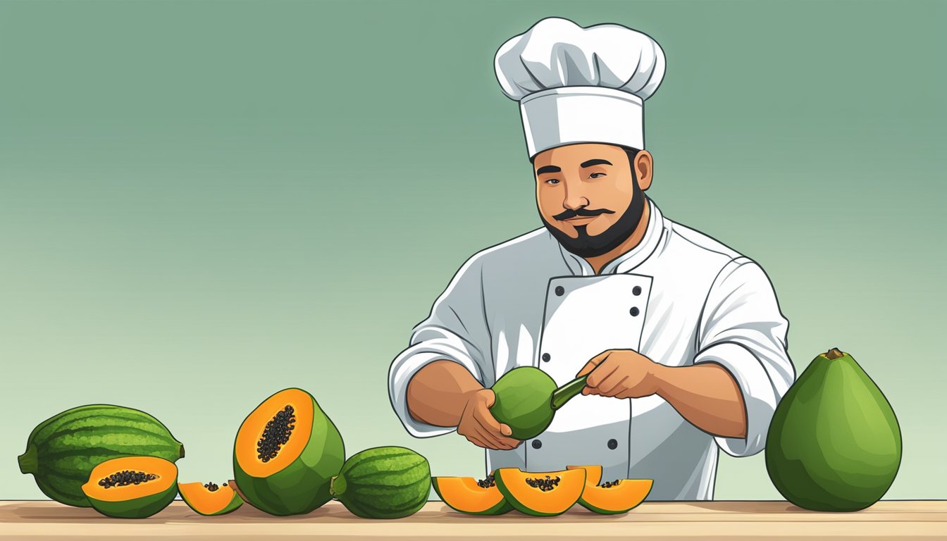 A chef slicing open a papaya to reveal its unripe, green flesh