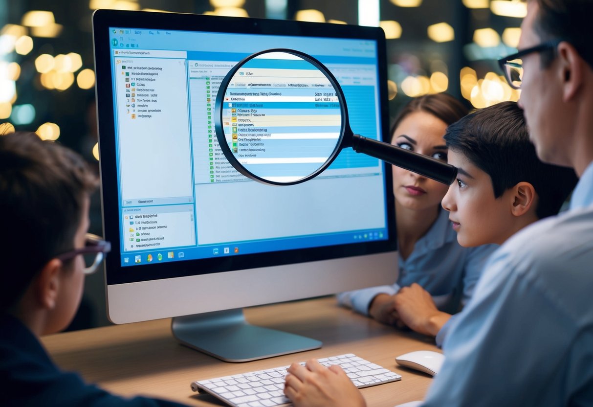 A computer screen displaying a registry with a magnifying glass hovering over it, with various eyes peering through the glass