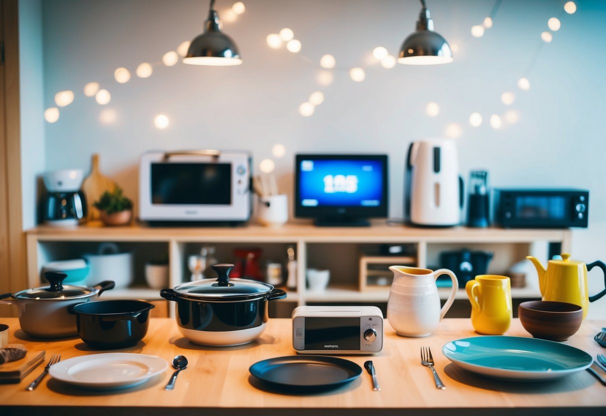 A table with various kitchenware, home decor, and electronics displayed