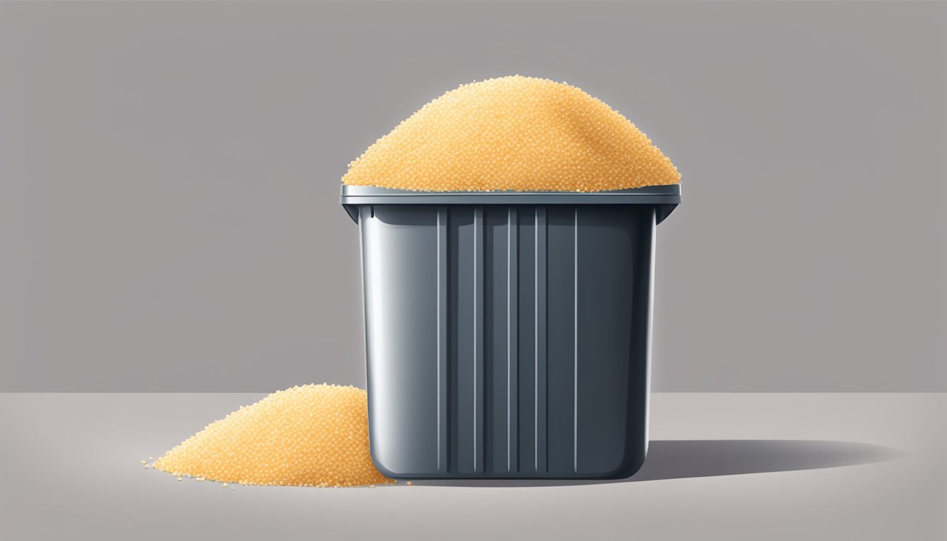 A sealed container of expired panko breadcrumbs next to a trash can