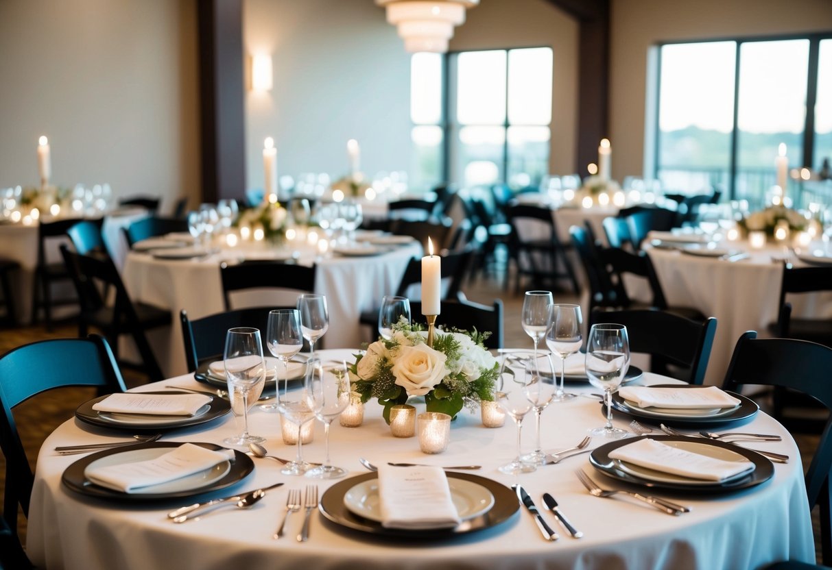 A table set for a rehearsal dinner, with place settings for around 20 people, adorned with elegant centerpieces and soft candlelight