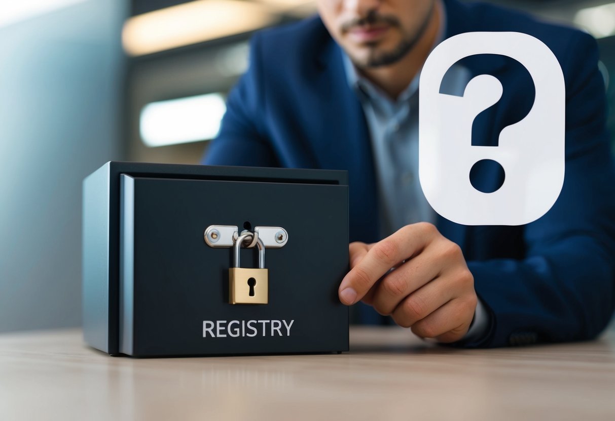 A person looking at a locked and secure registry with a question mark above it