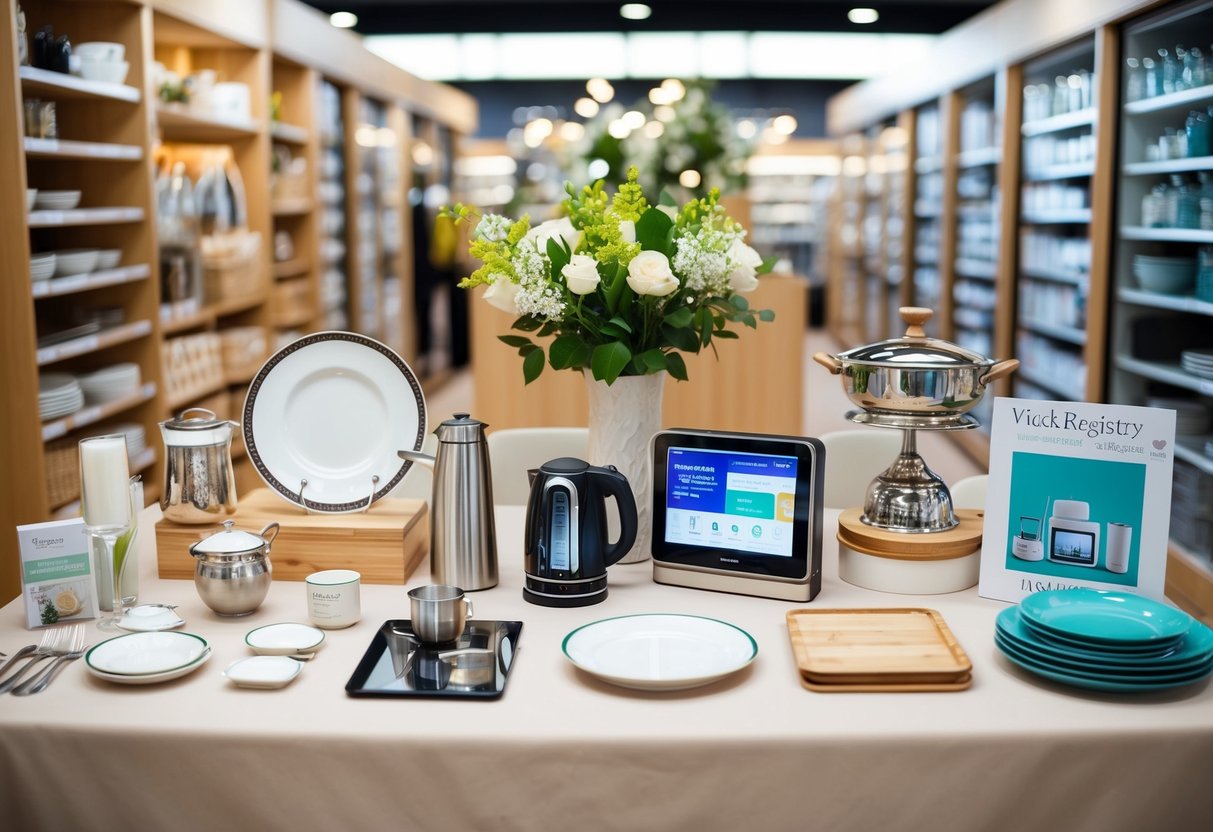 A table with various wedding registry items, including kitchenware, home decor, and electronics, displayed in a store in the UK