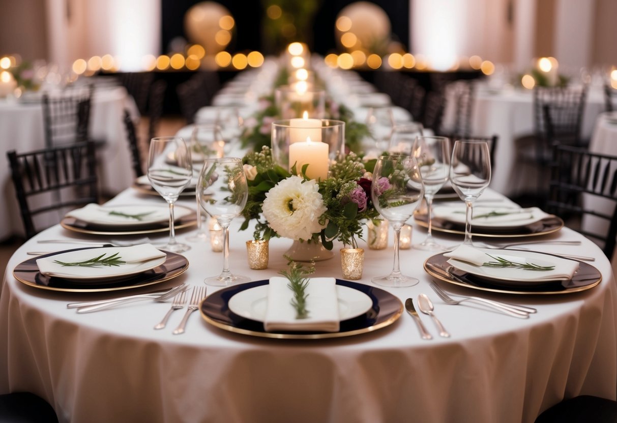 A table set for a dinner party with multiple place settings and elegant decor