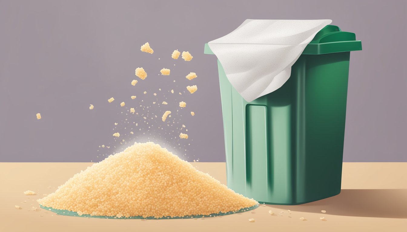 A package of panko breadcrumbs with a visible expiration date, surrounded by mold and a foul odor, next to a trash can