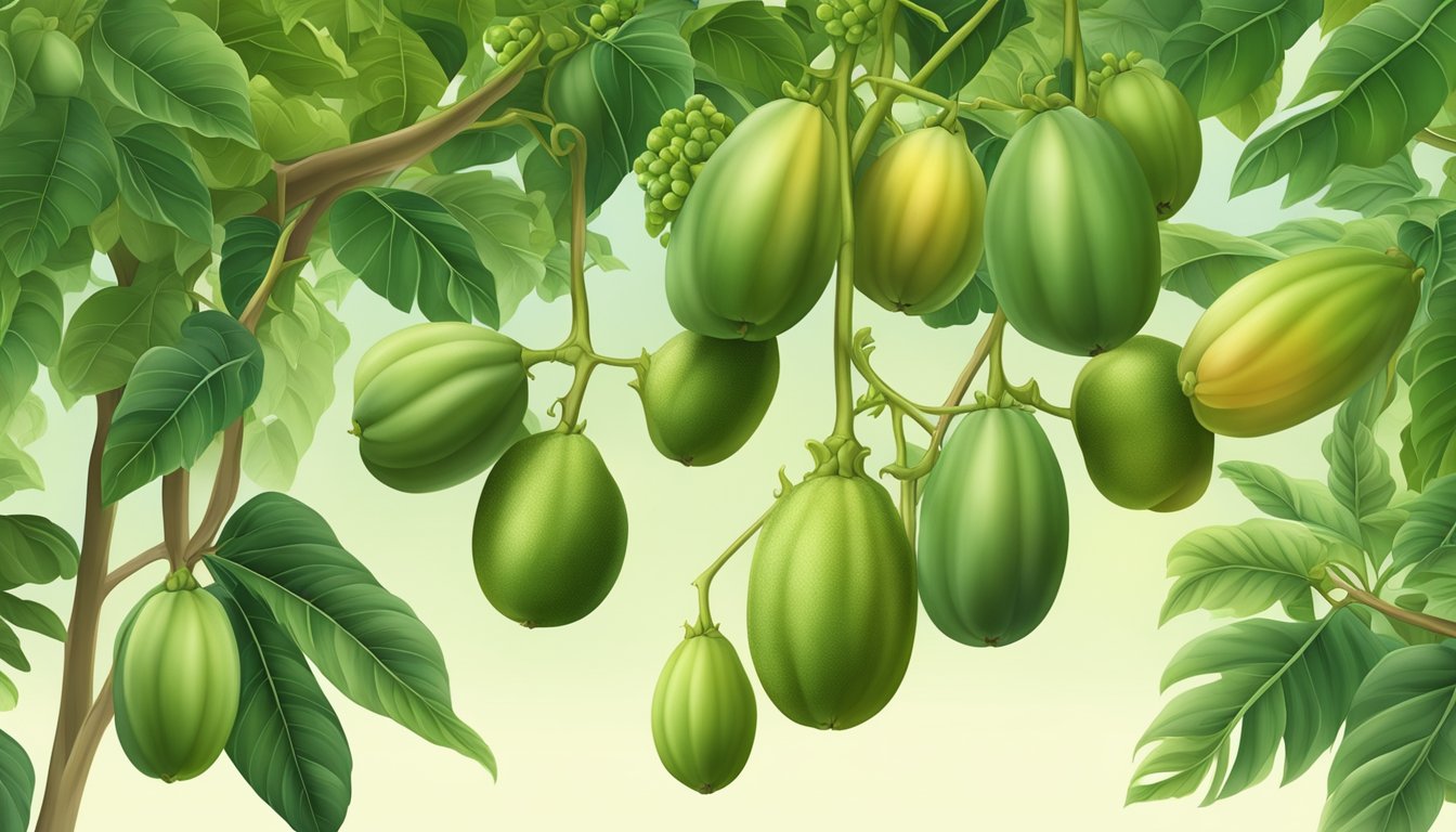 A papaya tree with green unripe fruit hanging from its branches