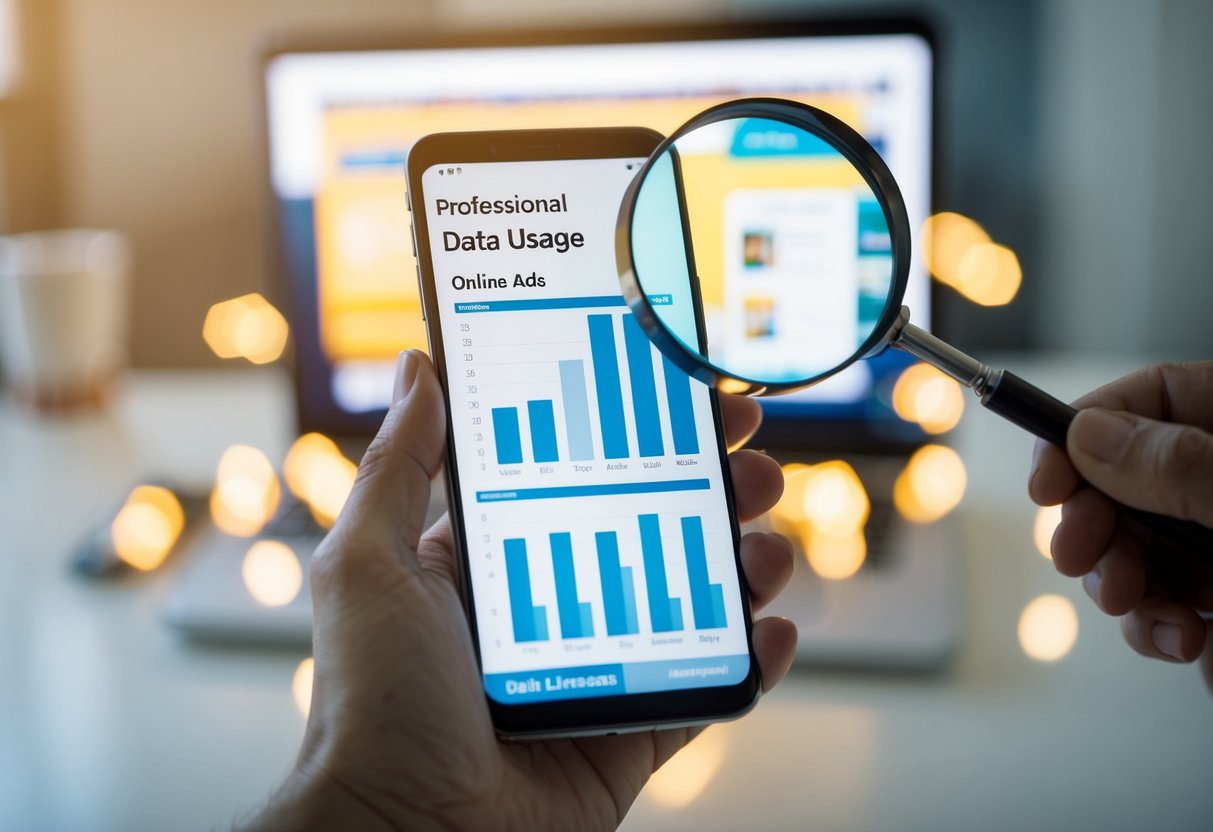 A smartphone displaying a data usage chart with online ads in the background, while a magnifying glass hovers over the screen