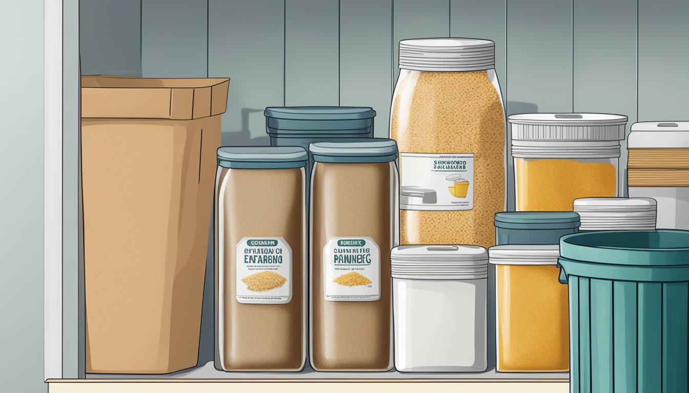 A pantry shelf with expired panko breadcrumbs next to a trash bin, and a label showing the expiration date