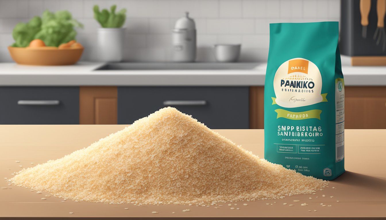 A pile of expired panko breadcrumbs sits on a kitchen counter, with a faded expiration date on the packaging