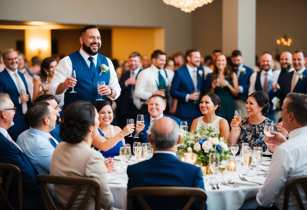 Guests mingle, clinking glasses and laughing. The speaker stands at the head table, addressing the crowd with heartfelt words