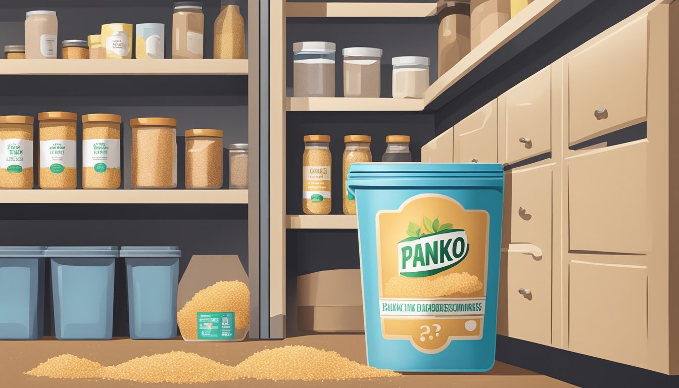 A pantry shelf with expired panko breadcrumbs next to a trash can, with a question mark above the panko