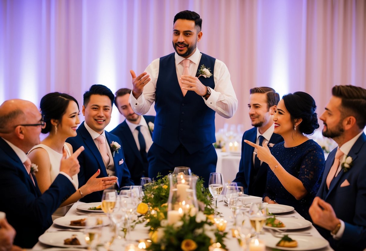 The host stands at the center of the dinner table, addressing the guests with warmth and confidence. They gesture towards the newlyweds, emphasizing the significance of the occasion