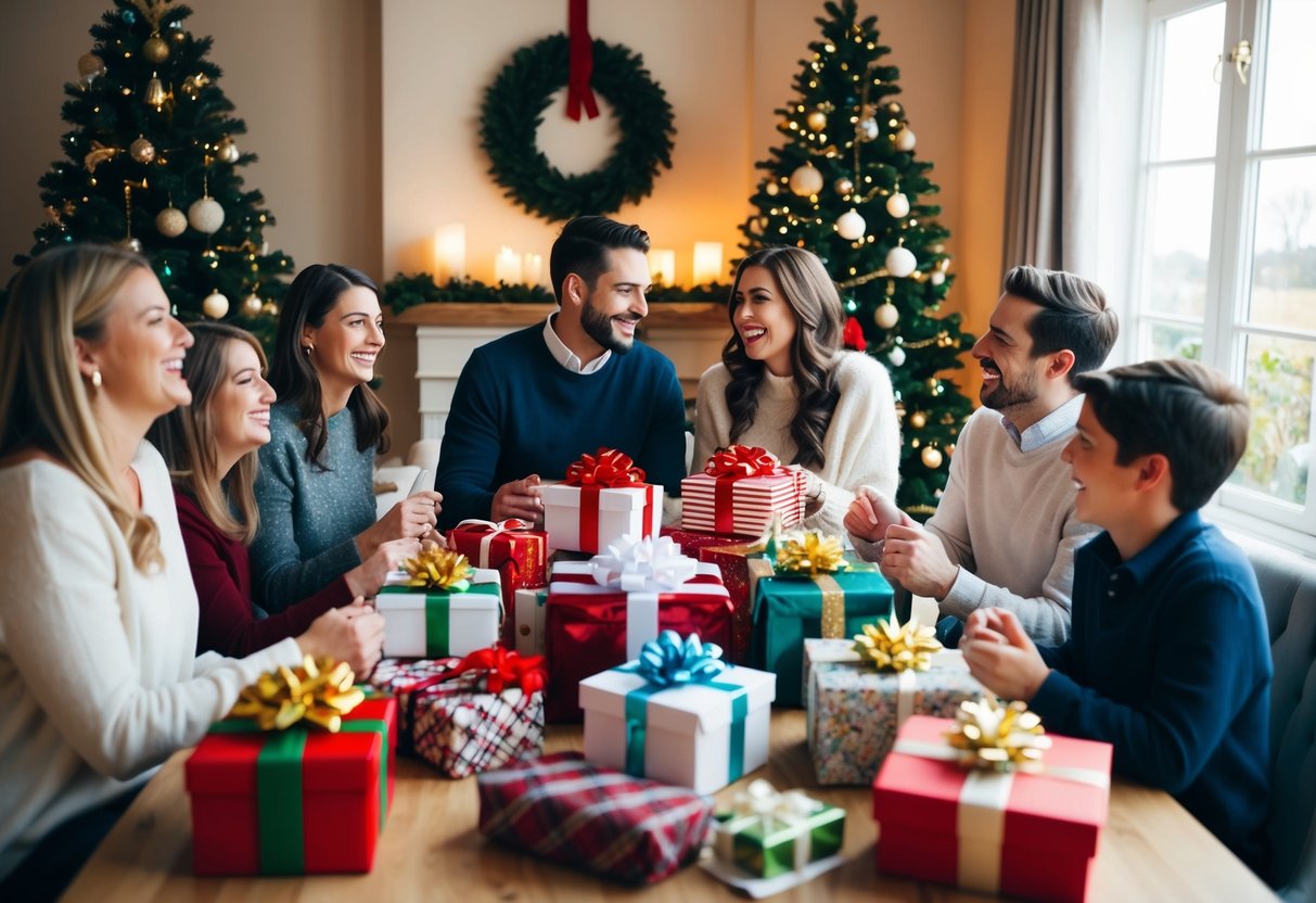 A couple sits at a cozy table, surrounded by friends and family. Gifts are piled high, and laughter fills the room