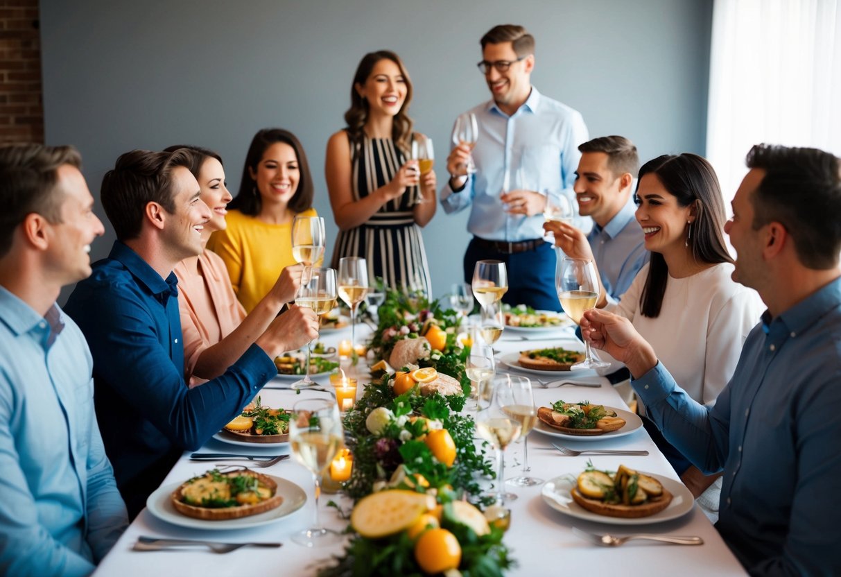 A group of friends and family gather around a long dinner table, laughing and chatting. One person stands to give a toast, while others listen attentively