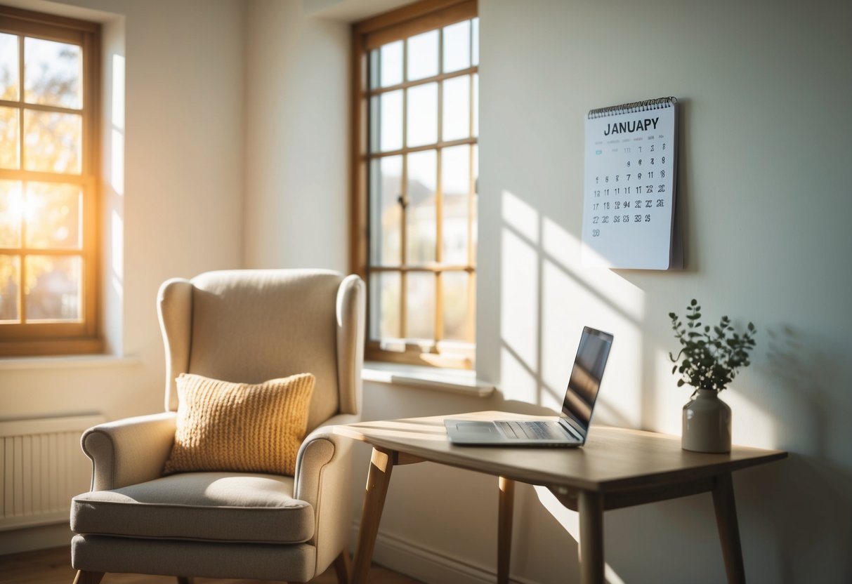 A sunlit room with a cozy armchair, a desk with a laptop, and a calendar on the wall marking the current month