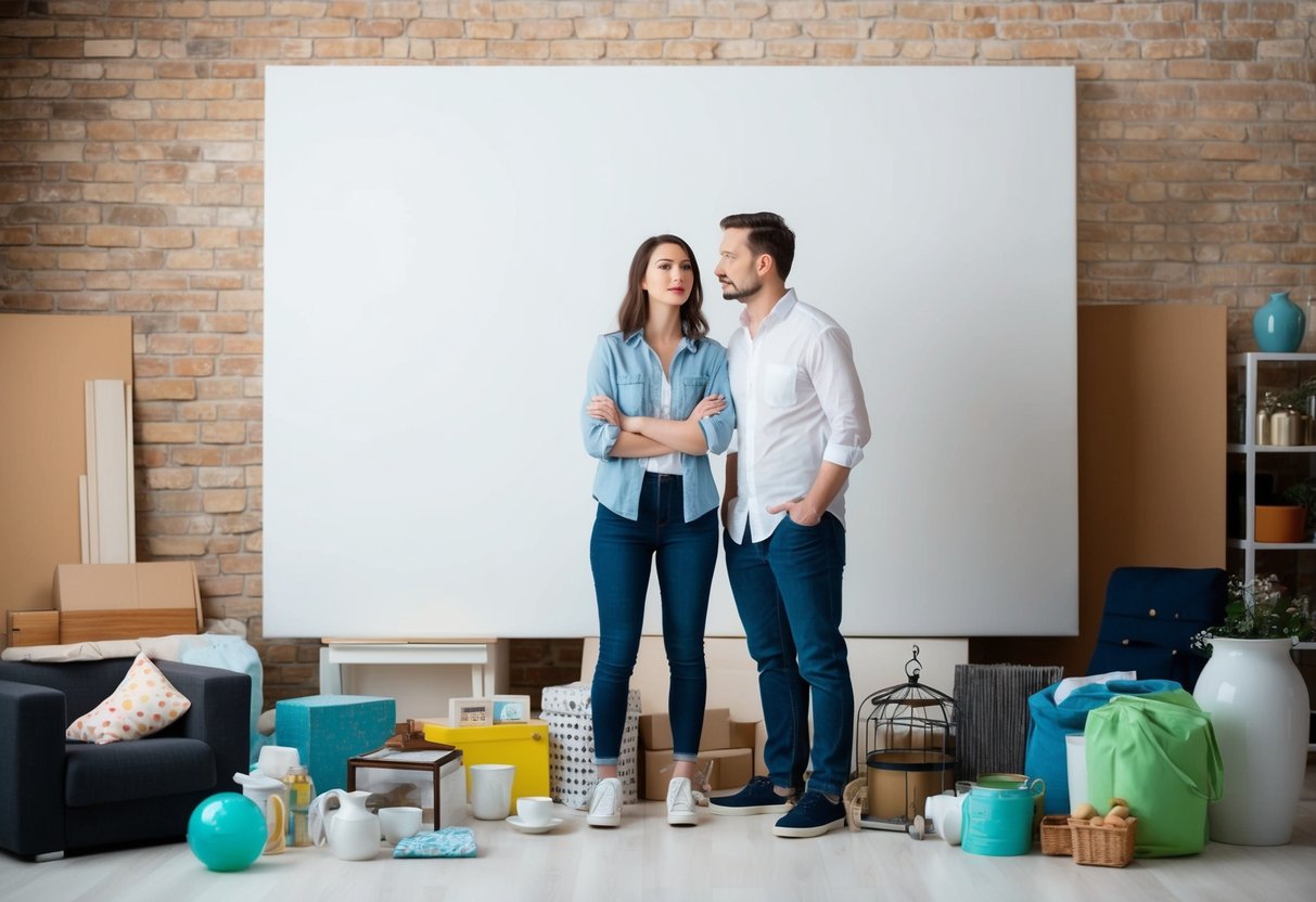 A couple stands in front of a blank canvas, surrounded by various household items. They look perplexed, unsure of what to do without a wedding registry