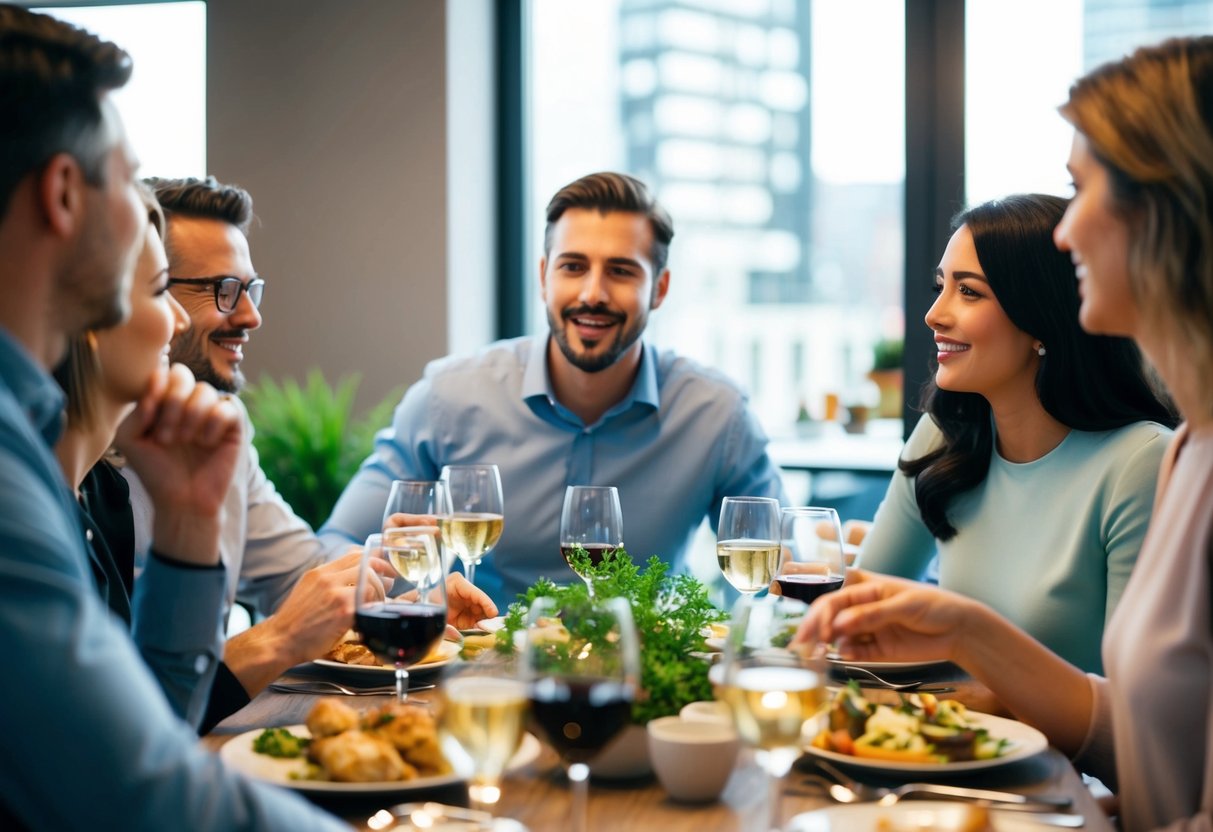 A group of people gathered around a dinner table, engaged in lively conversation. One person stands out, speaking confidently and drawing the attention of the others