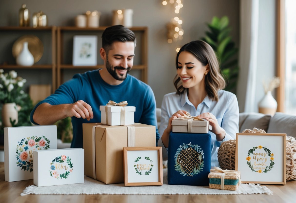 A couple receiving various personalized and handmade gifts from friends and family, including custom artwork, embroidered linens, and handcrafted home decor